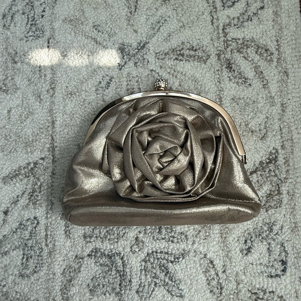 Nina Metallic Silver Clutch with Rose Accent